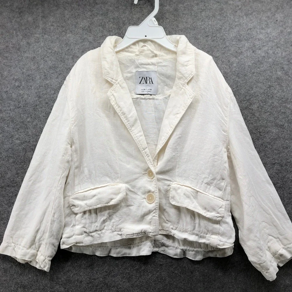 Zara Kids Linen Blazer Size 6-7 White Lightweight Casual Summer Jacket
